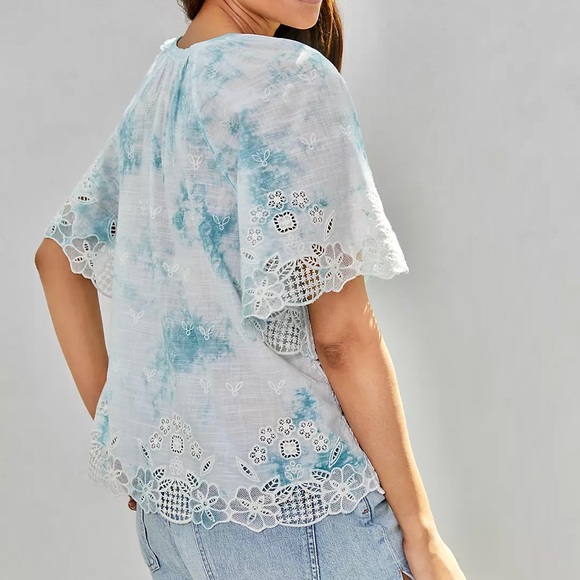 Anthropologie Tie-Dye Embroidered Lace Trim Tie-Neck Peasant Blouse Top - Picture 2 of 4